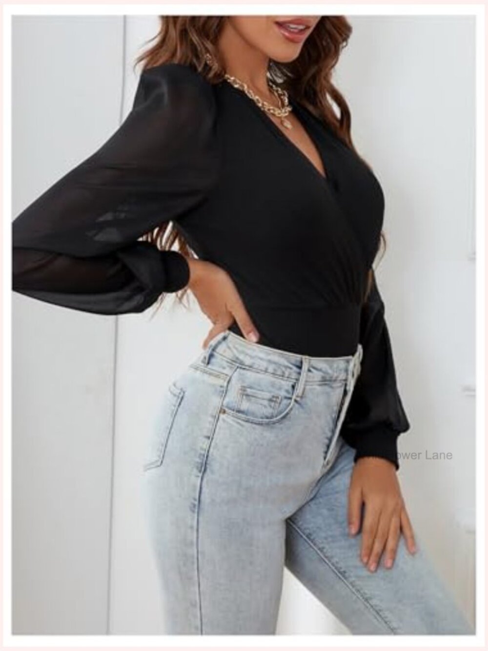 Women's Sheer Mesh Lantern Long Sleeve Bodysuit Wrap V Neck Blouse - Picture 4 of 5